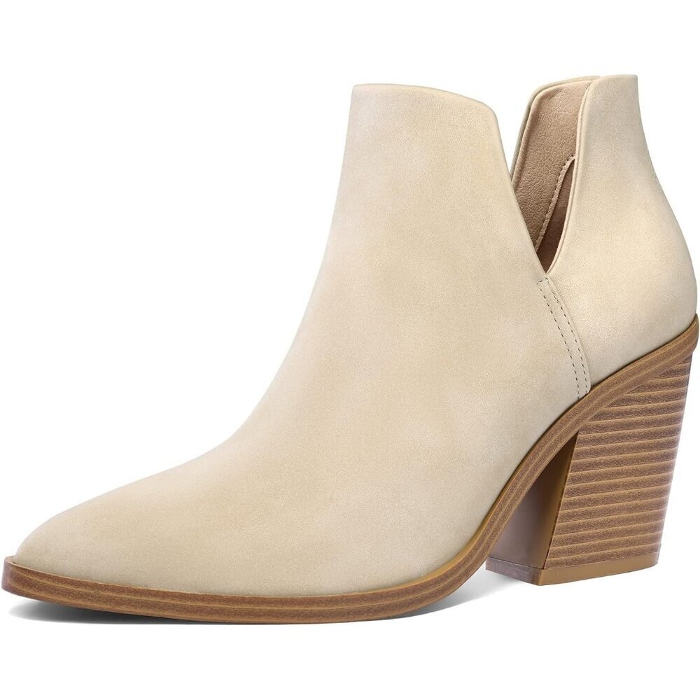 Mysoft Women's Off White Pu Chunky Mid Heel Slip on Toe Stacked Ankle Boots